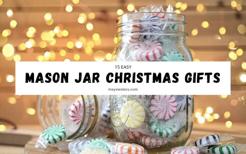 A collection of decorated mason jar Christmas Gifts filled with festive treats, arranged as Christmas gifts on a wooden table.