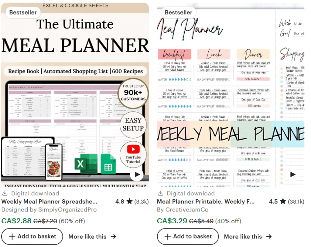 A screenshot of a menu displaying various meal planner products, including "The Ultimate Meal Planner" and "Weekly Meal Planner," along with pricing information, customer ratings, and promotional discounts. The text is arranged in a structured layout typical of an online shopping platform.