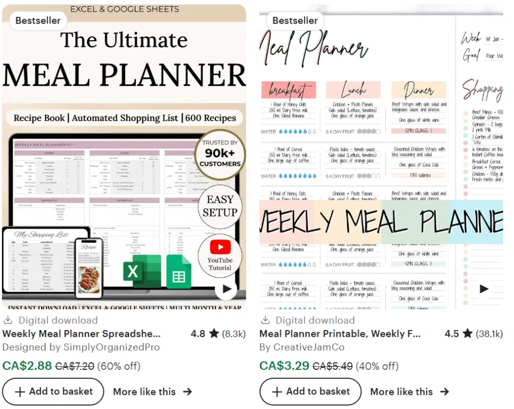 A screenshot of a menu displaying various meal planner products, including "The Ultimate Meal Planner" and "Weekly Meal Planner," along with pricing information, customer ratings, and promotional discounts. The text is arranged in a structured layout typical of an online shopping platform.
