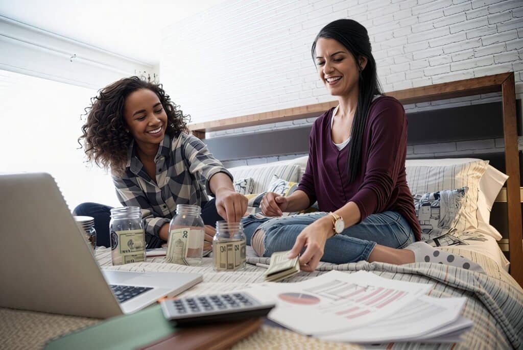 A couple of women sitting on a couch with a laptop and jars filled with money nearby. The setting is indoors, with a wall visible in the background. The women are dressed in casual clothing. It is symbolizing Saving Habits - Make it a Family Thing.