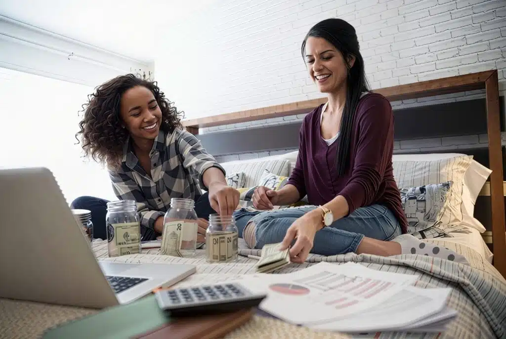 A couple of women sitting on a couch with a laptop and jars filled with money nearby. The setting is indoors, with a wall visible in the background. The women are dressed in casual clothing. It is symbolizing Saving Habits - Make it a Family Thing.