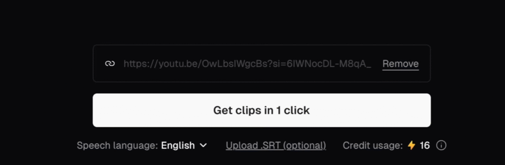 A screenshot of a computer displaying a video interface with options to upload SRT files and credit usage information. The text includes phrases like "Remove Get clips in 1 click" and indicates the speech language as English. The layout features various fonts and buttons typical of online video editing tools.