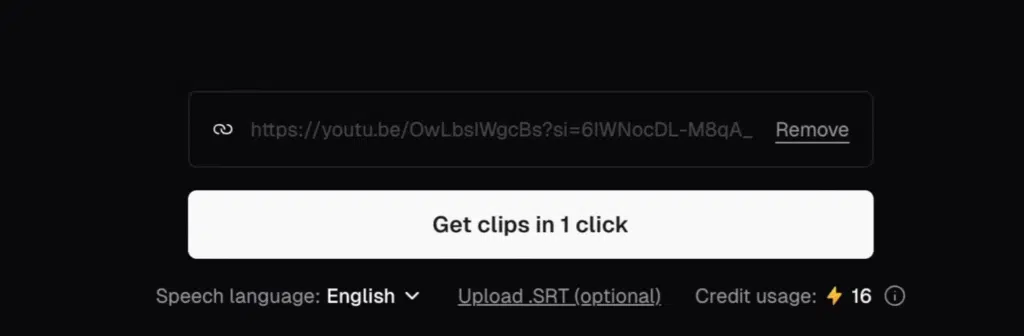 A screenshot of a computer displaying a video interface with options to upload SRT files and credit usage information. The text includes phrases like "Remove Get clips in 1 click" and indicates the speech language as English. The layout features various fonts and buttons typical of online video editing tools.
