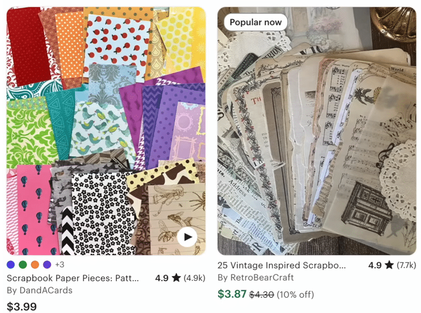 A collage featuring various scrapbook papers with different textures and patterns, showcasing a mix of vintage-inspired designs and colorful elements.