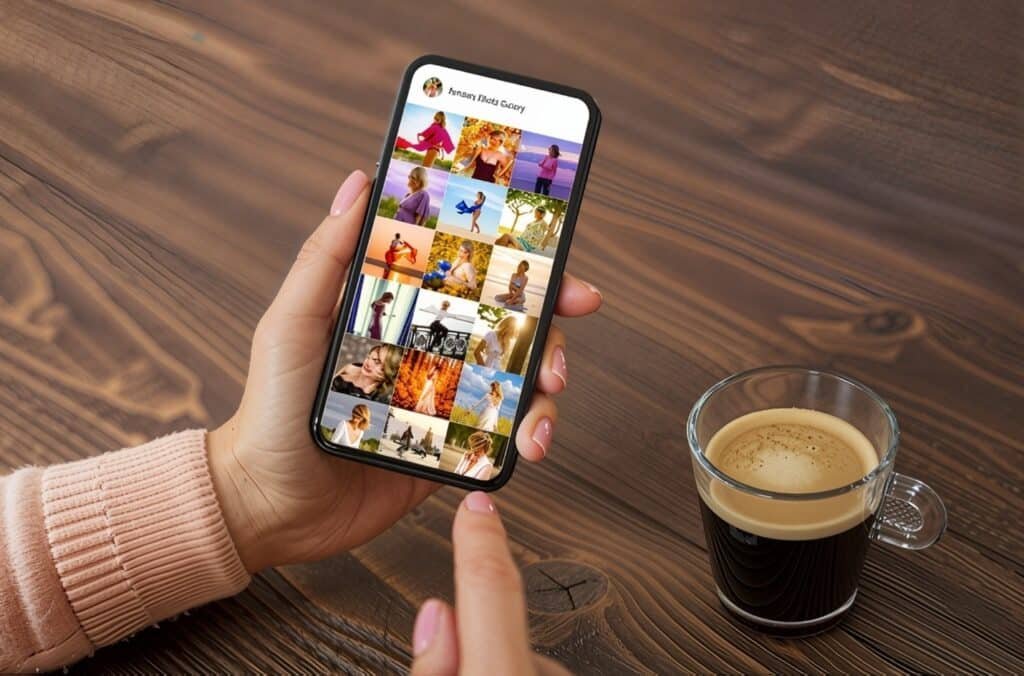 A hand holding a smartphone using instagram to sell physical products above a table with a coffee cup nearby.