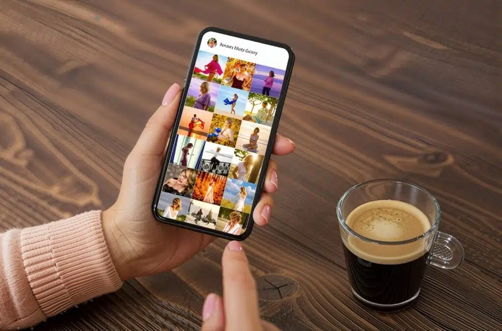 A hand holding a smartphone using instagram to sell physical products above a table with a coffee cup nearby.
