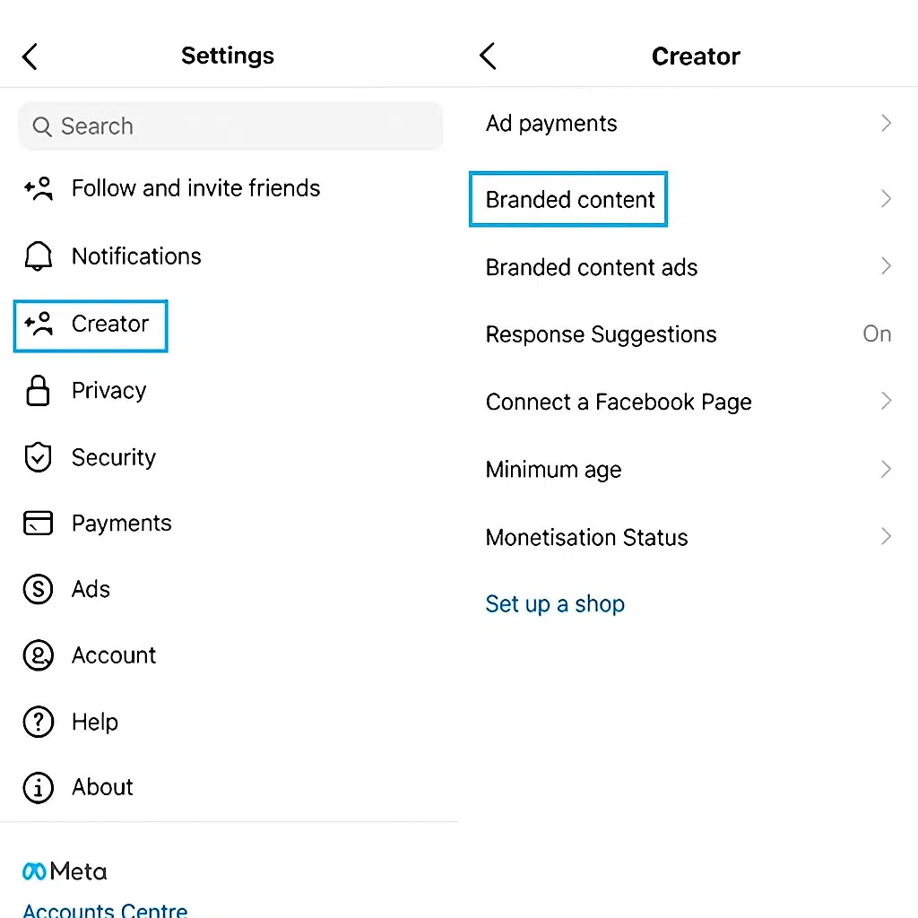 Screenshot of Instagram’s settings and creator pages with the “Creator” and “Branded content” options highlighted in blue boxes.