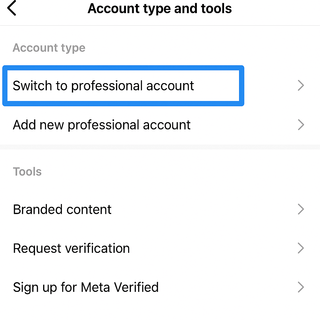 Screenshot of the Instagram settings page titled “Account type and tools,” with the “Switch to professional account” option highlighted in a blue box.