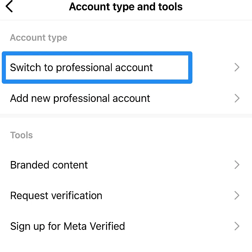 Screenshot of the Instagram settings page titled “Account type and tools,” with the “Switch to professional account” option highlighted in a blue box.