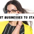Woman in yellow jacket and glasses beside a chart showing the top 5 best businesses to start with key success points.