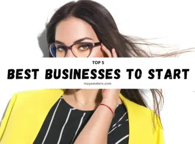 Woman in yellow jacket and glasses beside a chart showing the top 5 best businesses to start with key success points.