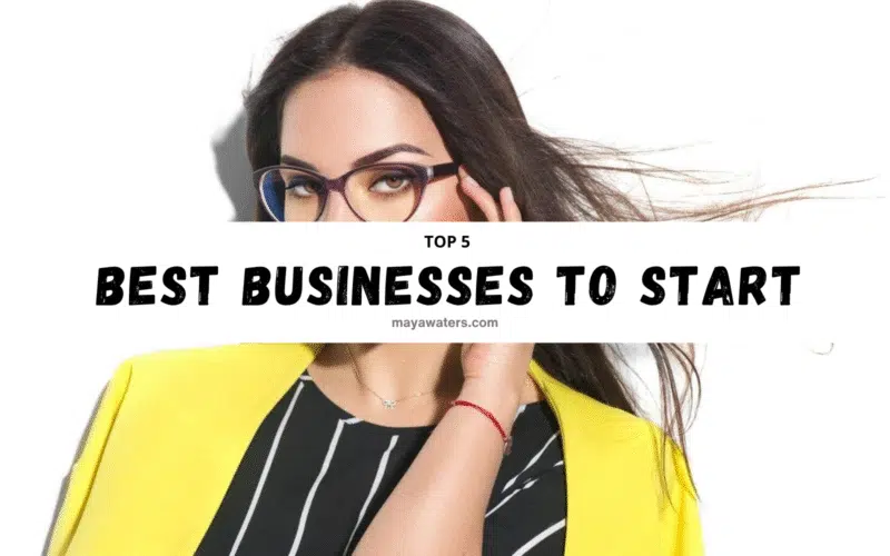 Woman in yellow jacket and glasses beside a chart showing the top 5 best businesses to start with key success points.