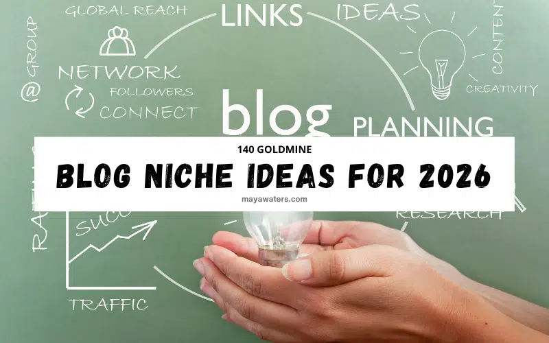 Hands holding a glowing light bulb with brainstorming words like links, ideas, and creativity in background suggesting blog niche ideas for 2026.