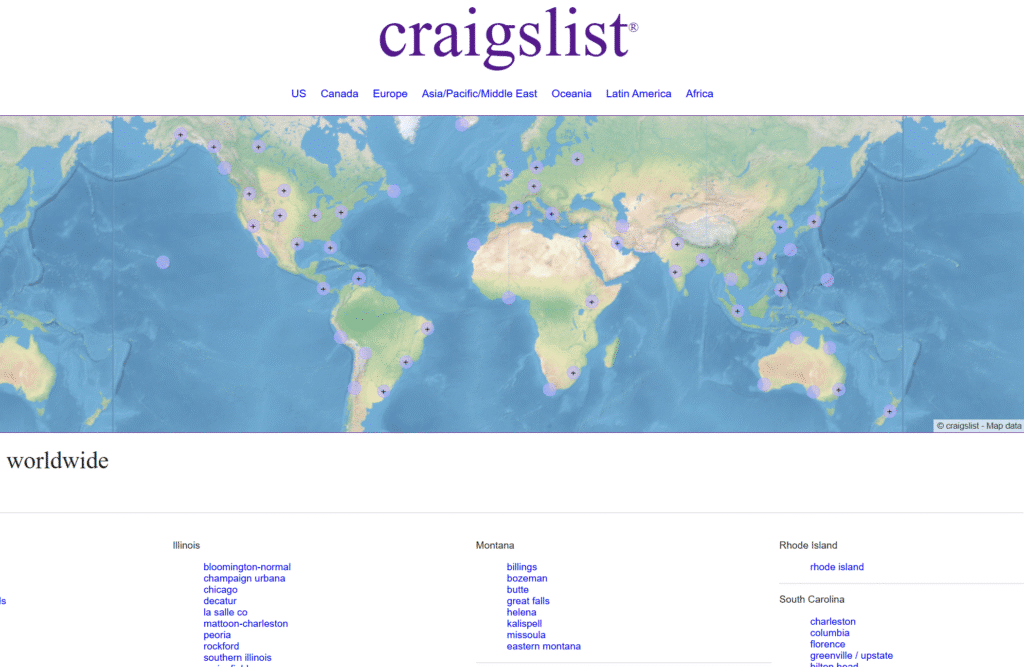 A webpage featuring a world map, focused on the Craigslist Free Section for users seeking free items.