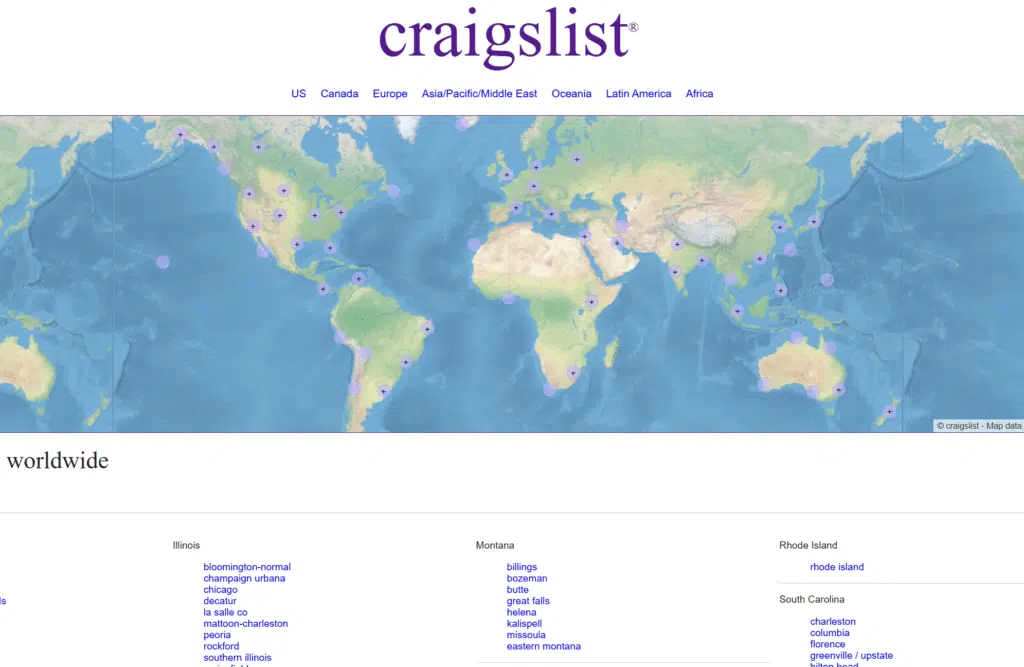 A webpage featuring a world map, focused on the Craigslist Free Section for users seeking free items.