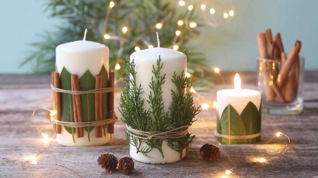DIY Christmas candles surrounded by pine cones and herbs on a rustic table, creating a festive atmosphere.