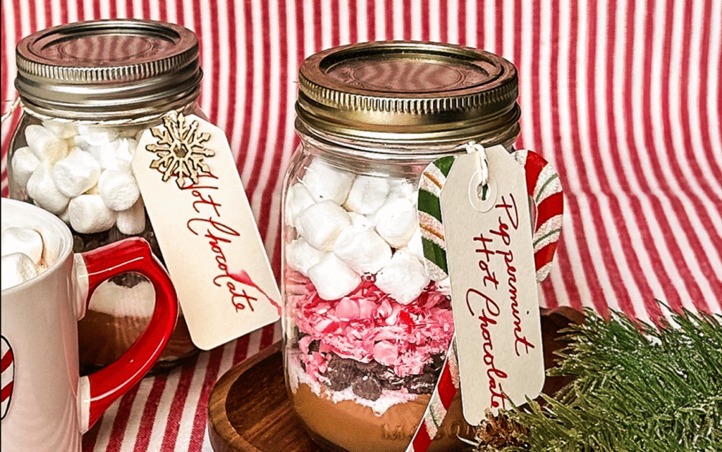 Hot chocolate and marshmallows displayed in mason jars, labeled as "Hot Cocoa Jars," on a rustic wooden surface.