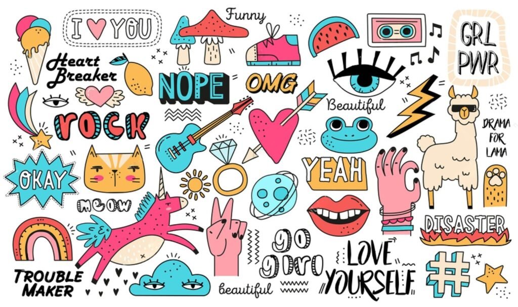 A collection of colorful cartoon objects featuring various funny phrases and designs, such as "OMG," "NOPE," and "TROUBLE MAKER." The objects include playful illustrations that convey a humorous tone, incorporating text elements in a vibrant layout suitable for graphic design or animated cartoons.