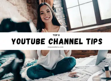 Smiling female YouTuber sitting on her bed with a camera and laptop, banner text saying Top 8 YouTube Channel Tips For Beginners.