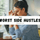 A visual representation titled "Worst Side Hustles," highlighting list of side hustles that are generally viewed as ineffective or low-paying.