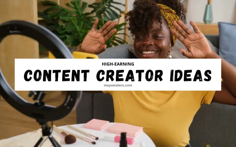Smiling content creator filming a video with a ring light, representing high-earning Content Creator Ideas for social media platforms.