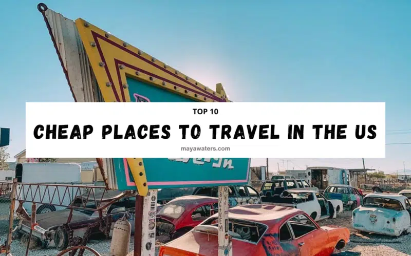 Roadside vintage car scene used in a travel guide about cheap places to travel in the US