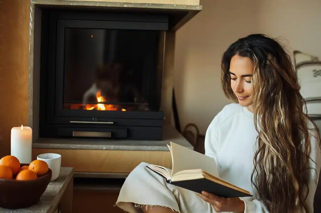 Enjoying a peaceful reading moment by the fireplace, one of the most relaxing No Spend Weekend Ideas that costs nothing.