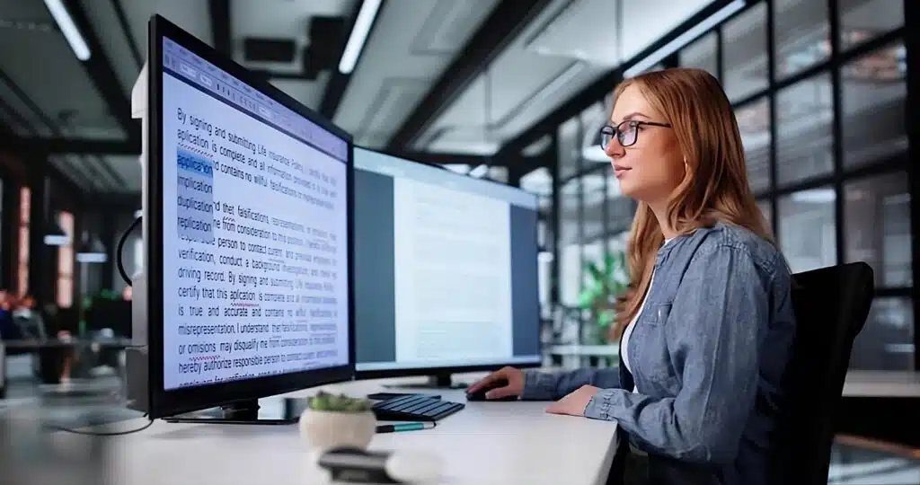 A woman proofreading text on dual monitors in a modern office, illustrating proofreading as one of the Good Side Hustles for Women.