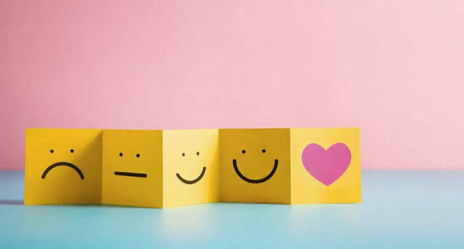 Four yellow cards showing a progression of emotions—from sad to neutral to happy and finally a pink heart—symbolizing the simple, low-stress nature of “Good Side Hustles for Women” like paid online surveys.