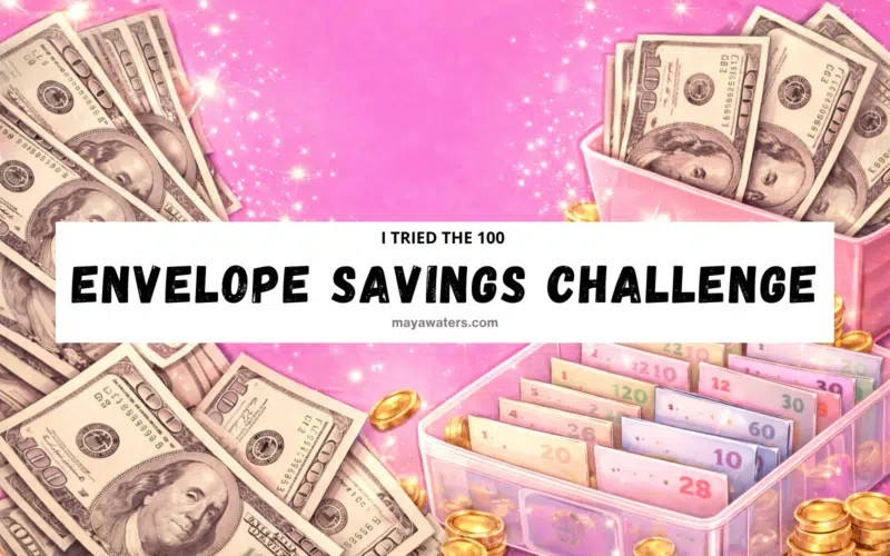 I tried the 100 envelope savings challenge banner with cash, coins, and a clear box of numbered cash envelopes.