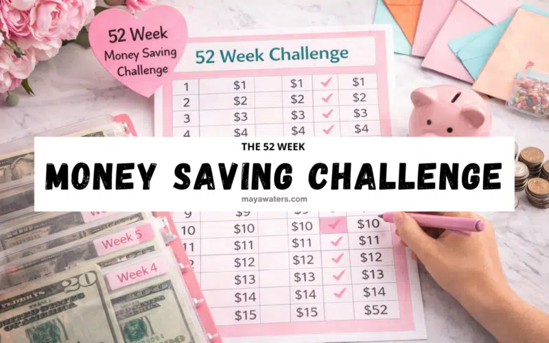 52 Week Money Saving Challenge printable showing a weekly savings tracker, cash envelopes, and a piggy bank for easy budgeting.