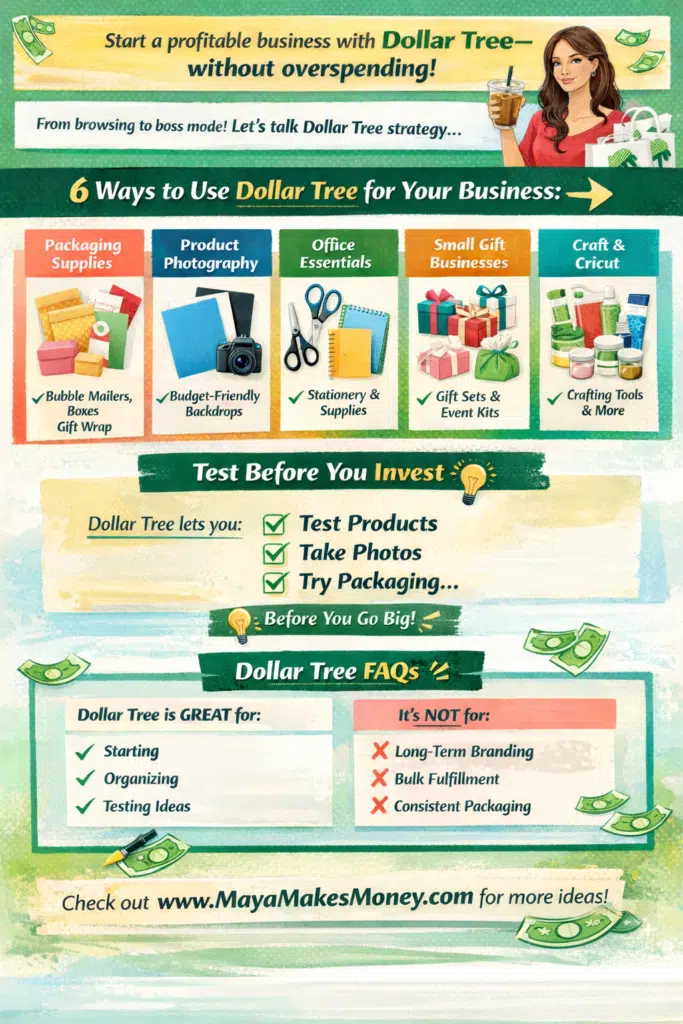 Infographic showing Dollar Tree business ideas for small business owners, including packaging supplies, product photography, office essentials, craft tools, and low-cost ways to start and test a profitable business with minimal investment.