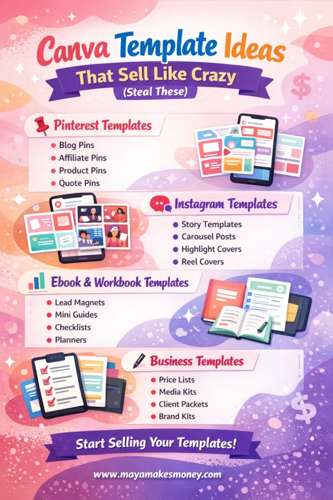 Canva template ideas that sell well including Pinterest pins, Instagram templates, ebooks, and business templates.