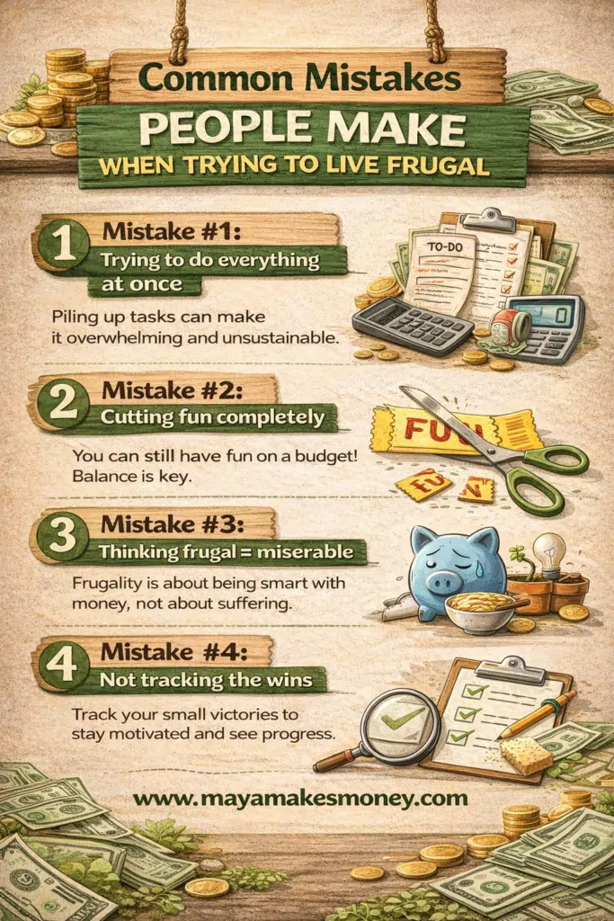 Common mistakes people make when trying to live frugal—doing everything at once, cutting fun completely, thinking frugal = miserable, and not tracking wins.