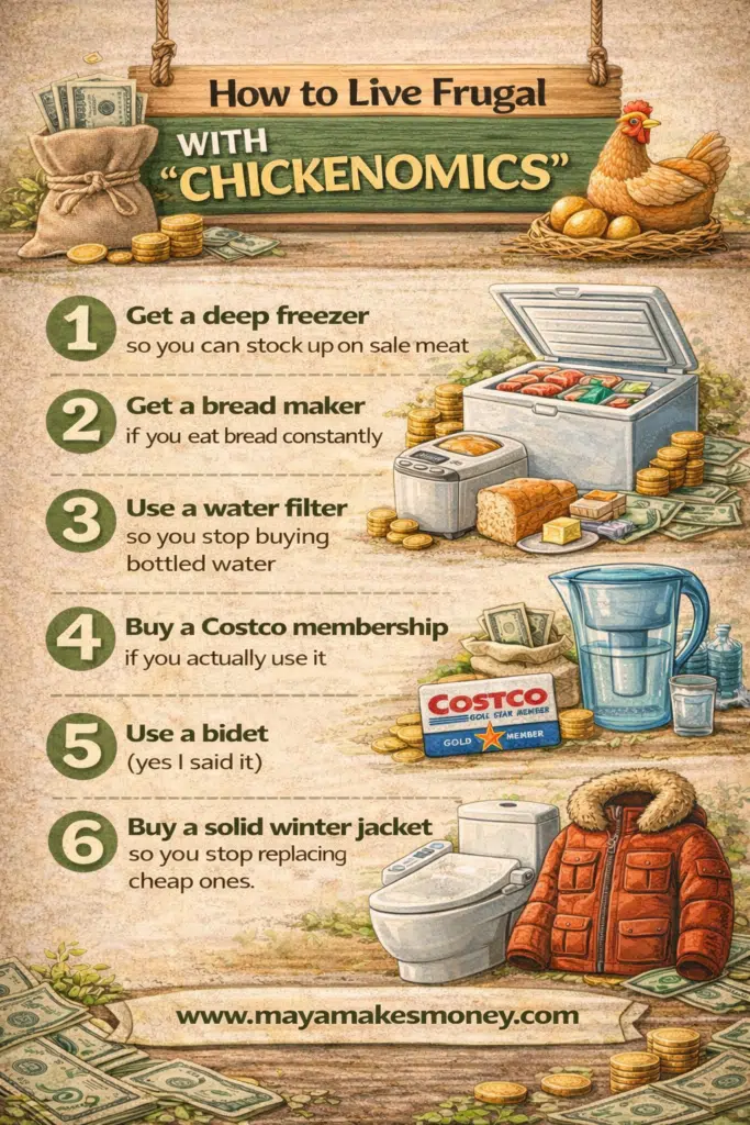 How to live frugal with “Chickenomics” tips: deep freezer, bread maker, water filter, Costco membership, bidet, and a solid winter jacket.