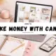 How to make money with Canva using digital templates shown on a laptop workspace with planner, phone, and accessories.