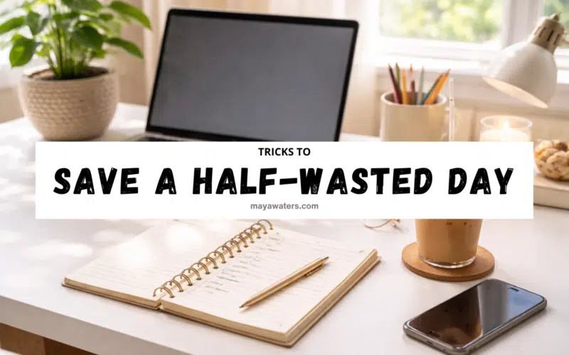 Desk workspace banner with text: “Tricks how to save a half wasted day” over notebook, laptop, coffee, and phone.