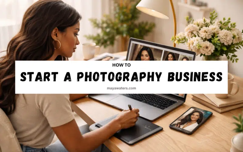 Woman working on a laptop editing AI-generated photography while learning how to start a photography business online.
