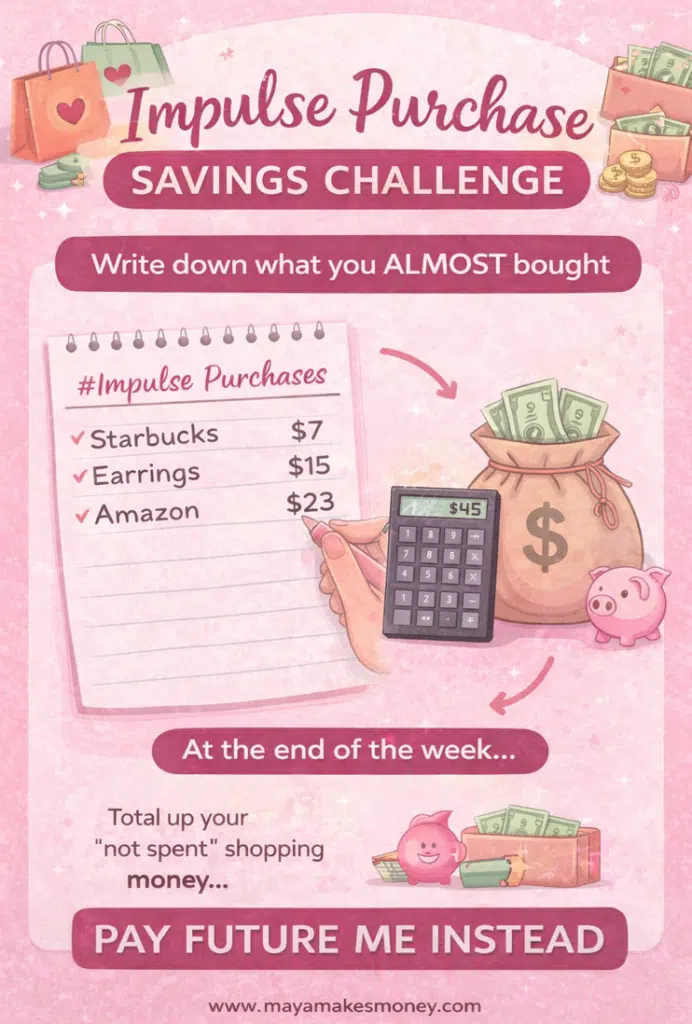 Illustrated guide showing the Impulse Purchase Savings method as part of the 52 Week Money Saving Challenge, where you write down impulse buys, total the amount, and save the money instead.