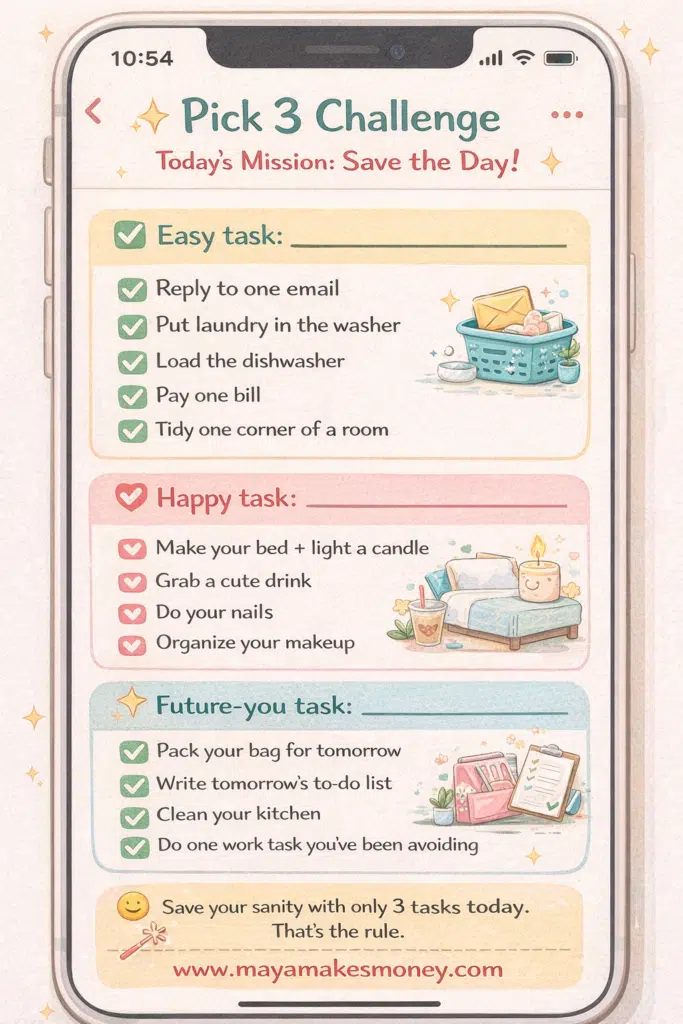 Pick 3 Challenge phone graphic with easy, happy, and future-you tasks to save the day.