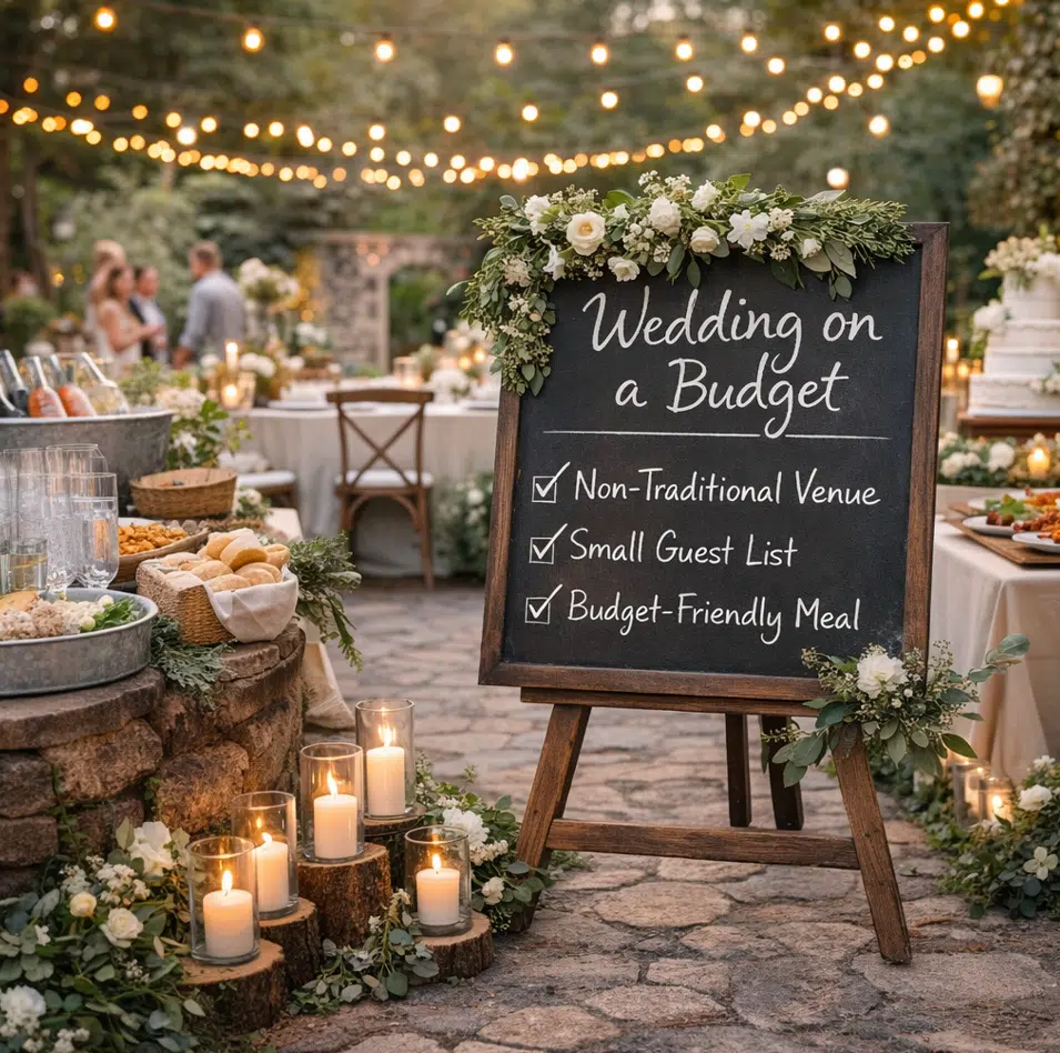 Rustic outdoor wedding reception with string lights and a chalkboard reading “Wedding on a Budget” with checklist tips.