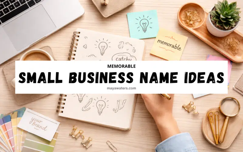 Workspace flat-lay with notebook, laptop, and branding notes featuring a headline for a Small Business Name Ideas List, designed to help new entrepreneurs choose simple, memorable, and scalable business names.