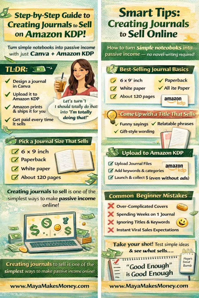 Step-by-step guide for creating journals to sell on Amazon KDP, showing Canva design tips, journal sizes, pricing basics, and beginner mistakes