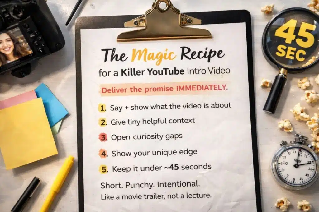 Clipboard checklist titled “The Magic Recipe for a Killer YouTube Intro Video” with 45 sec timer, camera, and stopwatch.