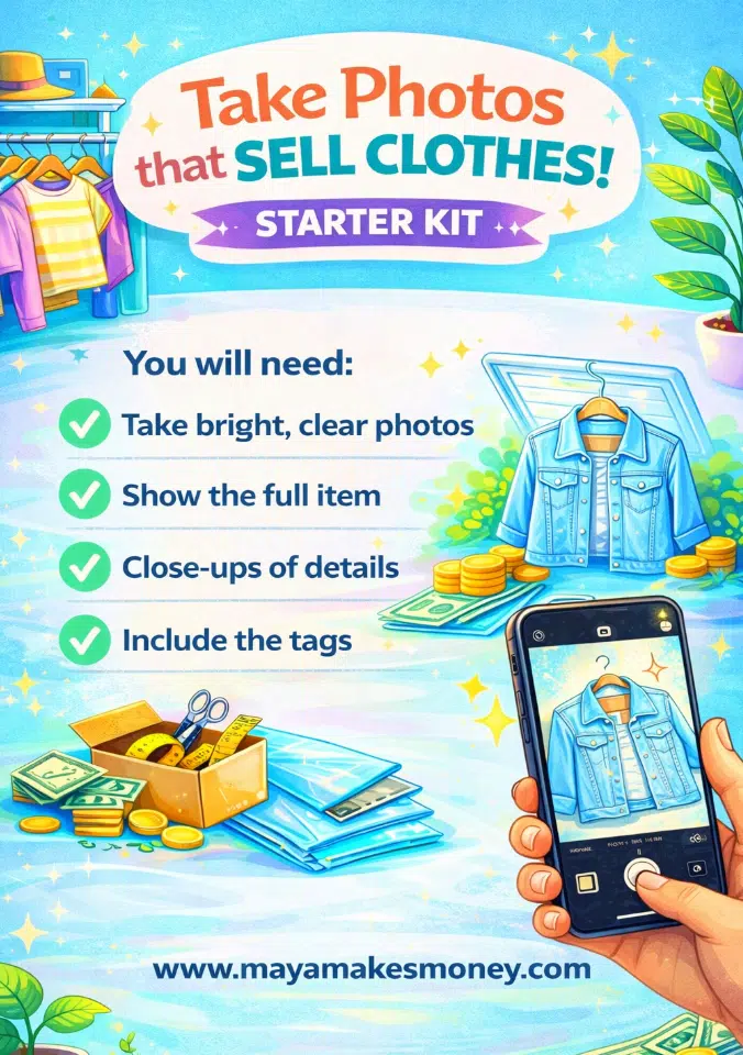Take photos that sell clothes starter kit checklist: bright clear photos, full item, close-ups, and include tags.