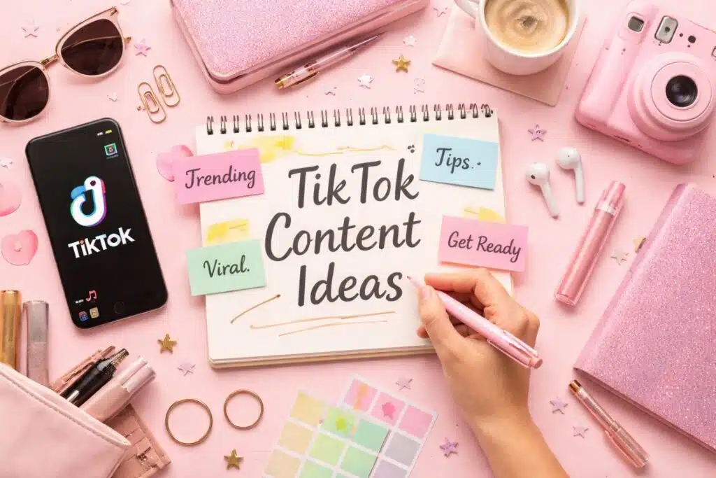 TikTok Content Ideas shown in a pink creator workspace with a notebook, phone, and viral content planning tools for women in 2026.