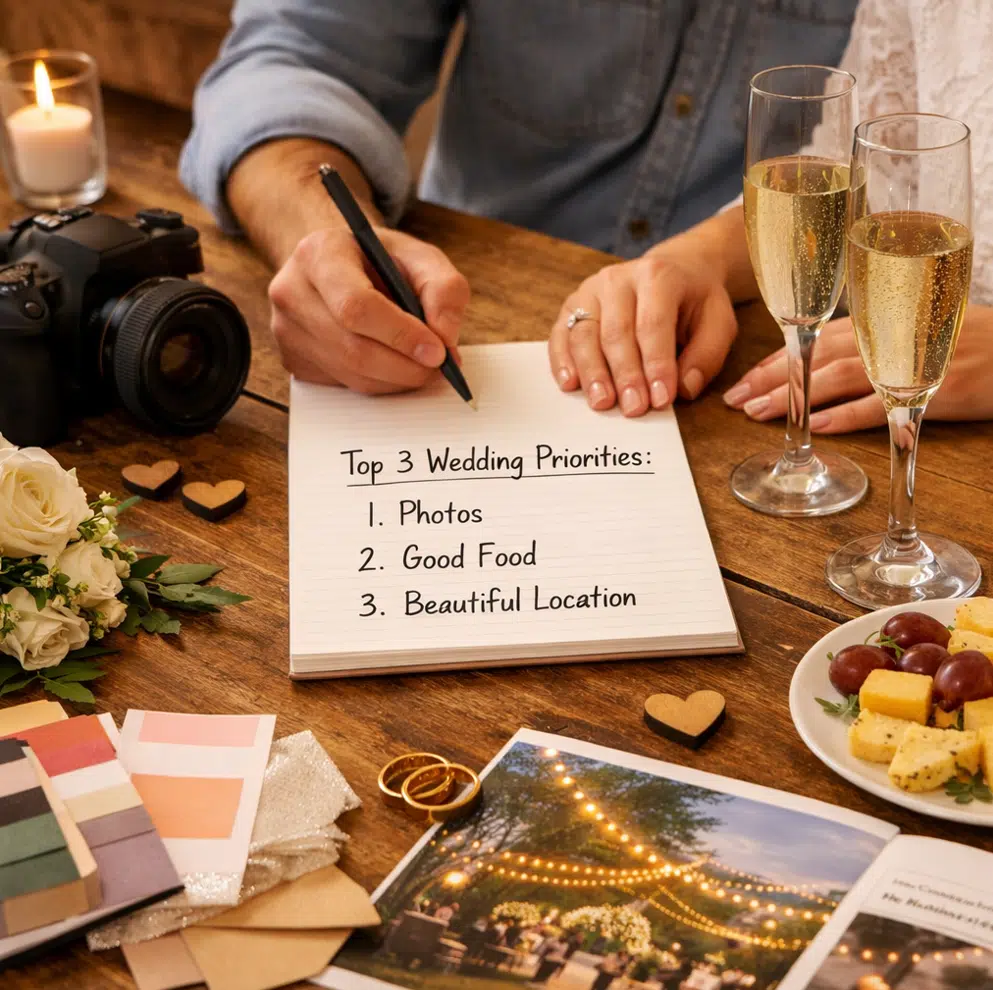 Couple writing “Top 3 Wedding Priorities” in a notebook—photos, good food, and a beautiful location—beside a camera and champagne.
