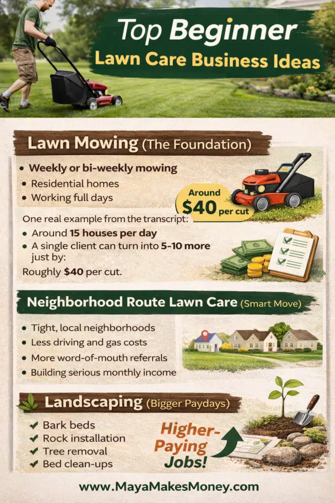 Top beginner lawn care business ideas infographic showing mowing routes, landscaping services, and income potential for new business owners.