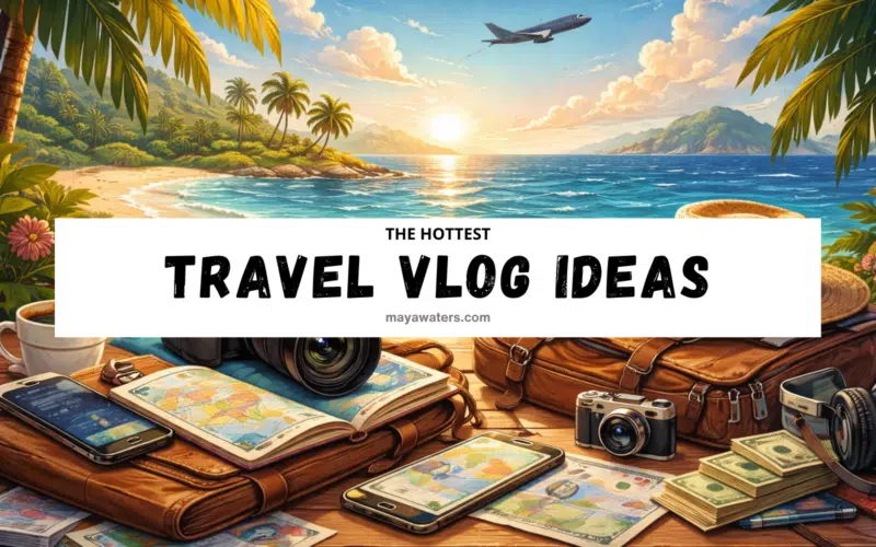 Travel vlog ideas banner featuring travel gear, camera, maps, and cash symbolizing profitable travel content creation.