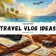 Travel vlog ideas banner featuring travel gear, camera, maps, and cash symbolizing profitable travel content creation.